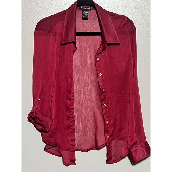 About‎ A Girl Blouse Size L Red Sheer Long Sleeve Button Down Gold Button - Picture 1 of 8